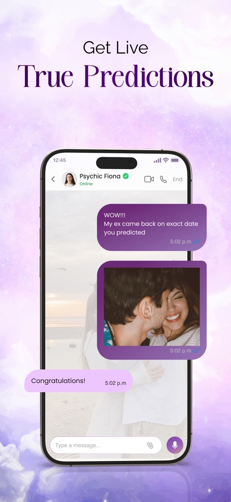 Lumus: Tarot & Psychic Reading - 信頼できる占い師とリアルタイムでチャットでき、鑑定結果のメッセージと、それに伴う喜びの表現が視覚的に示されます。
