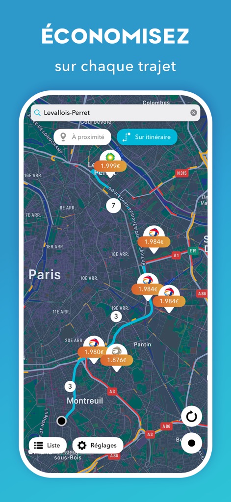 Prix Carburant - France - Nutzer können ihre Route planen und die App visualisiert die günstigsten Tankstellen "Sur itinéraire", inklusive spezifischer Preisangaben wie 1.999€ für Benzin.