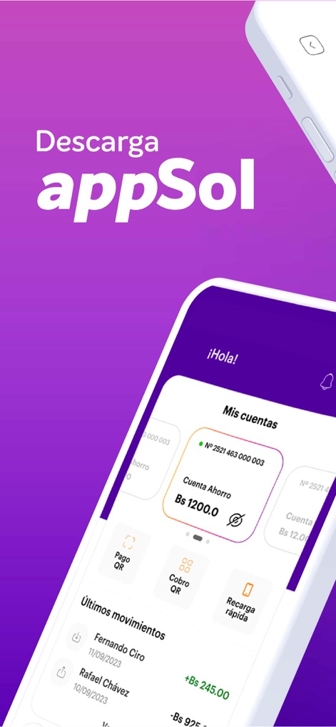 BancoSol - L'app offre una visione chiara delle 'Mis cuentas' e dei 'Últimos movimientos', permettendo agli utenti di monitorare i saldi e le attività recenti con un'occhiata.