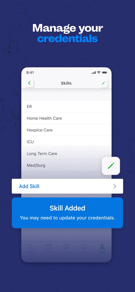 ShiftKey - PRN Healthcare Jobs - Users can efficiently manage their professional profile, updating their "Skills" list and receiving immediate confirmation with the "Skill Added" notification.