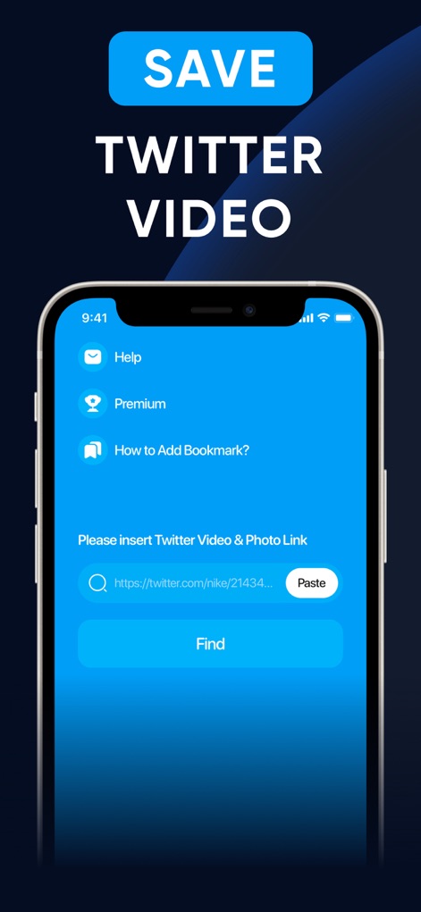 TweetSave - Tweet Video Saver - L'application permet aux utilisateurs de sauvegarder rapidement du contenu Twitter en collant simplement l'URL dans le champ de saisie dédié et en appuyant sur le bouton 'Find'.