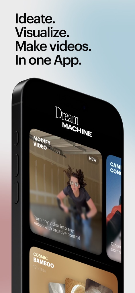 Luma Dream Machine - Die App präsentiert eine intuitive Oberfläche mit klar benannten Menüpunkten wie „MODIFY VIDEO“, die Nutzern eine direkte Steuerung kreativer Bearbeitung ermöglicht.