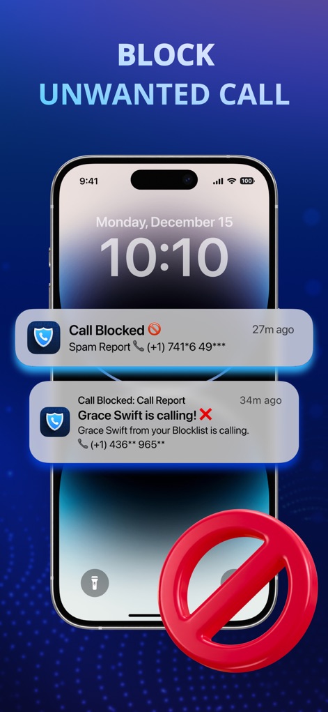 Call ID - Call Blocker - Los usuarios aprecian las notificaciones en la pantalla de bloqueo que muestran "Call Blocked" y detallan la razón, como "Spam Report" o proveniente de la lista negra, enfatizando la eficacia del bloqueo con un claro ícono de prohibido.