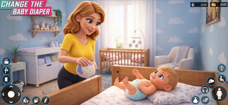 Mother Life Simulator Mom Game - This scene highlights the detailed baby care mechanics, such as changing a baby's diaper, within a charmingly decorated nursery room complete with a crib and changing station.