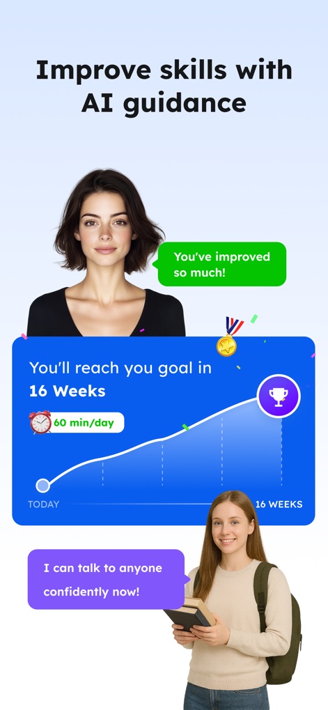 English Learning - Easy Speak - A orientação da IA impulsiona as habilidades dos usuários, com um gráfico de progresso mostrando o alcance de metas em "16 Weeks" e mensagens motivacionais claras.