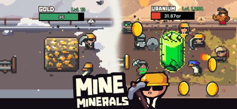 Earth Inc. Tycoon Idle Miner - Discover various mining operations through a split screen view, contrasting the extraction of gold with valuable uranium, all under the directive to 'MINE MINERALS'.