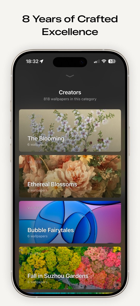 Clarity Wallpaper - This tool highlights diverse creator categories, presenting series such as "The Blooming" and "Ethereal Blossoms" for refined selection.