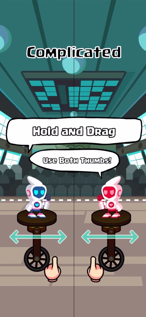 Beat Duet - The app guides players through core mechanics with clear text instructions and visual cues showing how to hold and drag the characters.