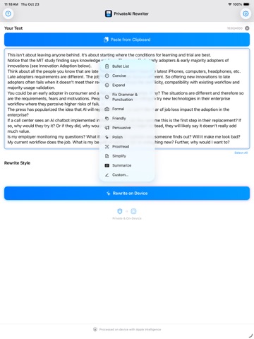 Private AI Rewriter iPad screenshot