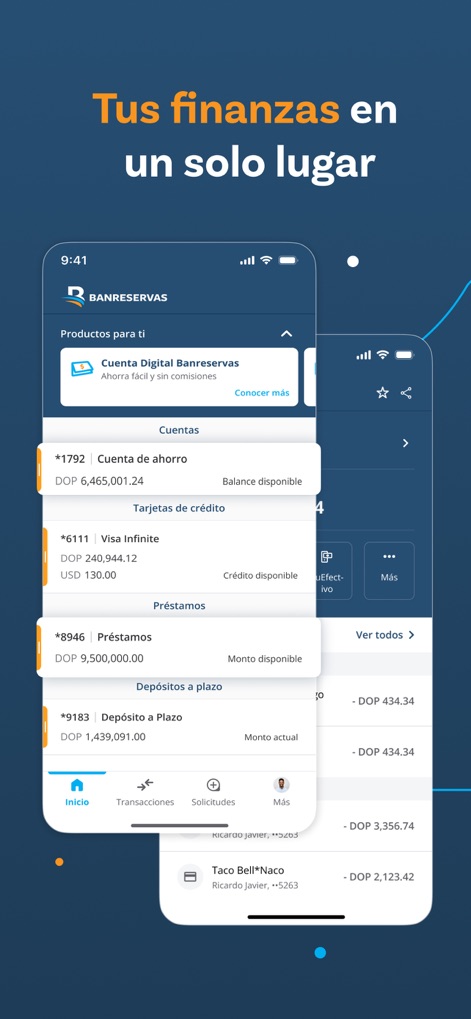 Banreservas - La visualización agrupa los "Productos para ti", presentando saldos de "Cuentas de ahorro" y detalles de "Tarjetas de crédito" en una vista comprensiva para el usuario.