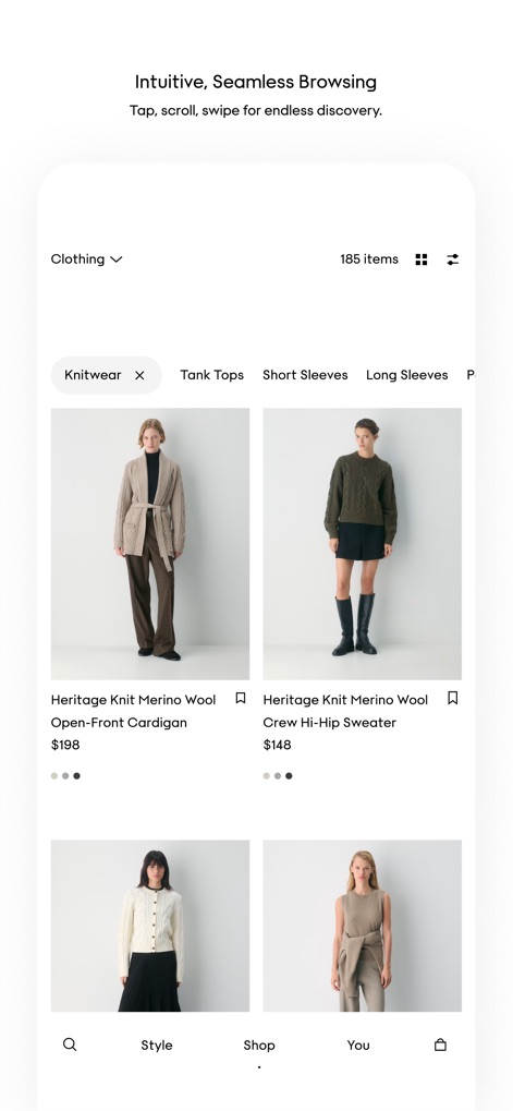 Aritzia - このアプリは、「Knitwear」などのカテゴリフィルターと詳細なソートオプションを通じて直感的なブラウジングを可能にし、ユーザーは広範な製品コレクションからお気に入りを容易に発見できます。