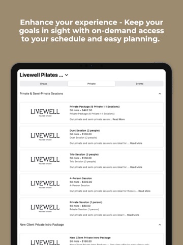 Livewell Pilates Studio iPad screenshot