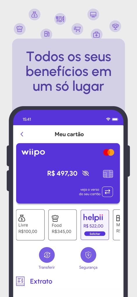 wiipo - Esta tela centraliza a gestão dos benefícios, permitindo aos usuários visualizar o saldo do cartão e acessar opções como 'Transferir' e 'Segurança'.