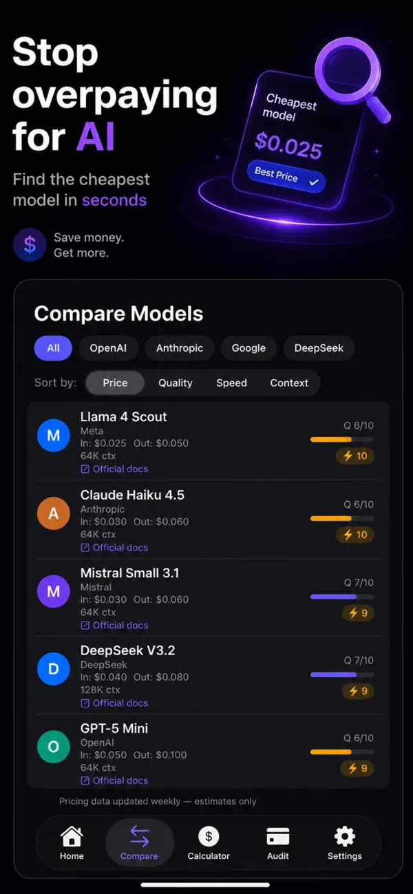 Screenshot #1 pour AI Wallet: LLM Cost & Advisor