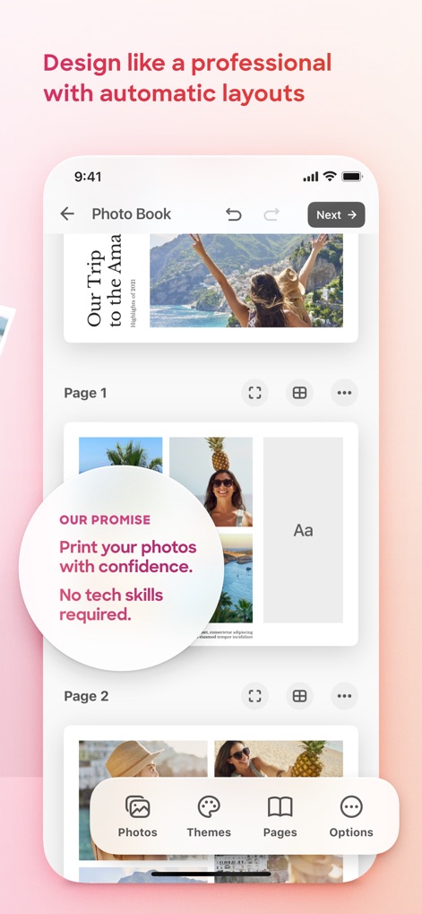 Popsa | Print Your Photos - This screenshot reveals the app's intuitive "Photo Book" editor, allowing users to effortlessly arrange photos within various grid layouts while the "OUR PROMISE" bubble assures no tech skills are required.