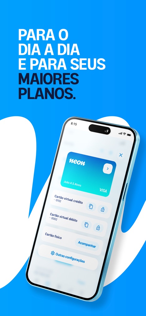 Neon: cartão de crédito - La pantalla presenta distintas opciones de tarjetas como "Cartão virtual crédito" y "Cartão físico", subrayando la versatilidad de la aplicación para adaptarse a diversas necesidades de pago de los usuarios.