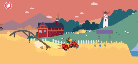 Dirt Bike Games Kids - 목가적인 농장 풍경에서 펼쳐지는 경주가 이 스크린샷에 담겨 있습니다. 사용자는 붉은 헛간과 평화롭게 풀을 뜯는 양 떼 사이를 질주하는 모습을 볼 수 있습니다.