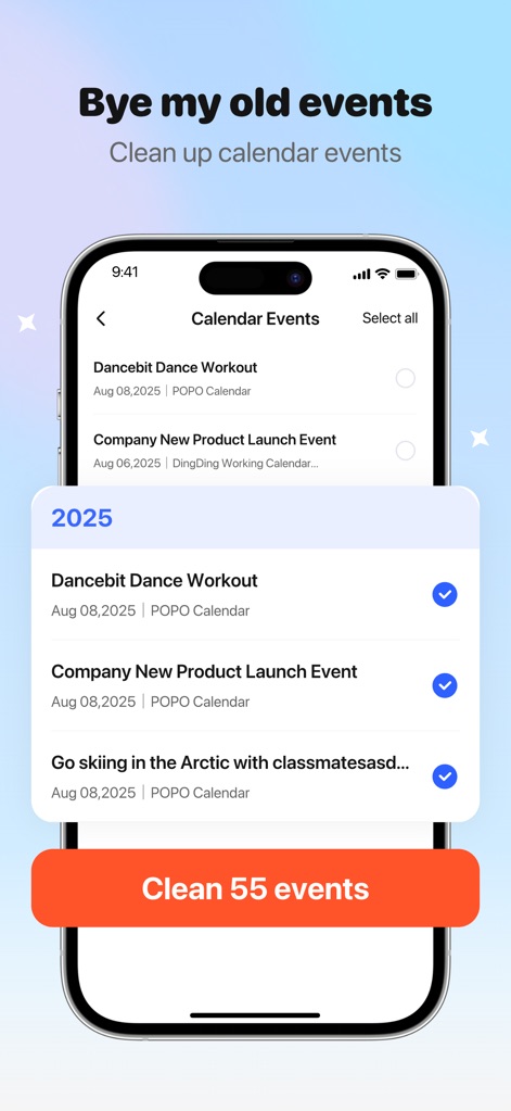 AI CleanKit: Phone Cleaner Pro - The Calendar Detox feature empowers users to easily manage their schedule, listing old and spam events and offering a single action to clean a specific number of selected events.