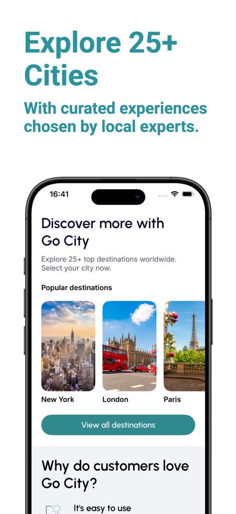 Go City -Travel Plan & Tickets - Explore over 25+ cities with curated experiences, featuring popular destinations like New York and London, and allowing users to view all available cities.