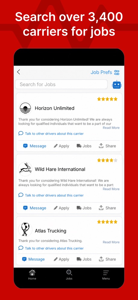 Driver Pulse by Tenstreet App Store screenshot 3, headline “Search over 3,400 carriers for jobs”. Uses a number.