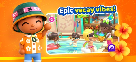 World Travel Stories - Airport - Los usuarios disfrutarán de ambientes de ocio, como se aprecia en el personaje relajándose en la piscina y la decoración exótica con flores de hibisco.