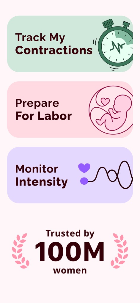 Contraction Timer ＆ Tracker - La aplicación presenta sus funcionalidades principales a través de tarjetas temáticas, como 'Track My Contractions' y 'Prepare For Labor', y exhibe un distintivo de confianza que resalta su adopción por '100M women'.