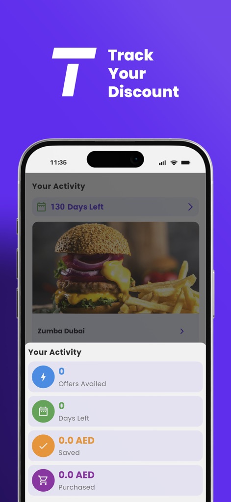 Tolaab - 이 앱은 '활동 내역(Your Activity)' 섹션에서 '남은 일수(130 Days Left)'와 '절약된 금액(AED Saved)'을 명확하게 표시하여, 사용자가 자신의 할인 사용 현황을 쉽게 파악하고 관리할 수 있도록 돕습니다.