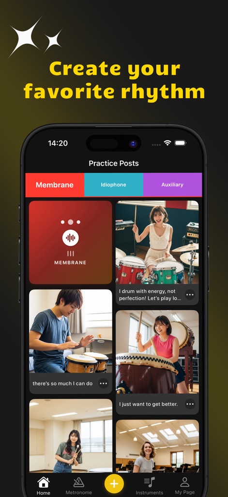 Dark: Master the Beat - The app provides a dedicated Metronome screen, featuring an adjustable 'Tempo' slider and multiple 'Time Signature' options for precise rhythm practice.
