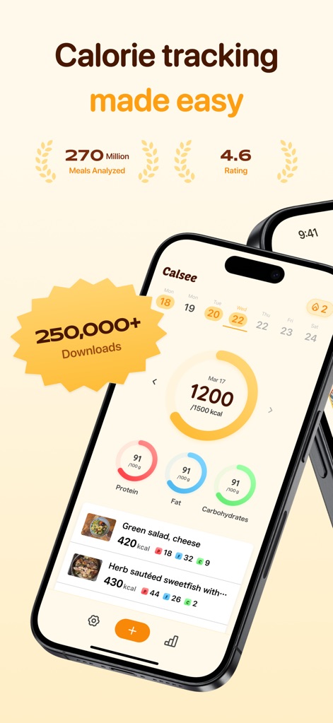 Calsee - AI Calorie Counter - The app provides a clear overview of daily calorie intake towards a goal and a quick summary of macro nutrient consumption.
