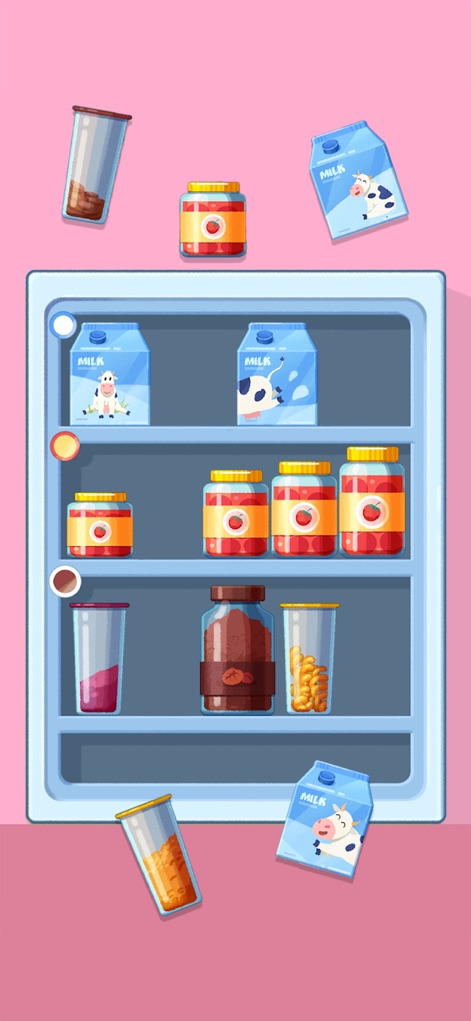 Sort It Right: Relax Puzzle - Master the art of organization, neatly arranging milk cartons and jam jars onto a refrigerator shelf.
