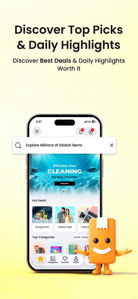 Ubuy: International Shopping - Users can effortlessly navigate the app's home screen, revealing sections like 'Hot Deals' for timely offers and a comprehensive search bar to 'Explore Millions of Global Items'.