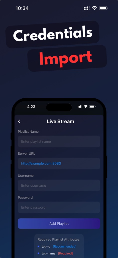 Smarters IPTV Pro: Player - Per gli appassionati di live TV, l'interfaccia intuitiva permette un'agevole importazione delle credenziali di stream live, con campi specifici per "Server URL", "Username" e "Password" che assicurano una configurazione sicura e precisa.
