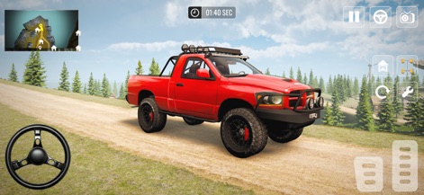 Real Offroad Jeep Driving Game - El protagonista es un robusto camión rojo con neumáticos todoterreno, destacando su preparación para el desafío en un camino de tierra que sugiere exploración.