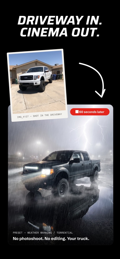 RevReel: AI Car Edits App Store screenshot 5, headline “DRIVEWAY IN. CINEMA OUT.”. Compares with something.