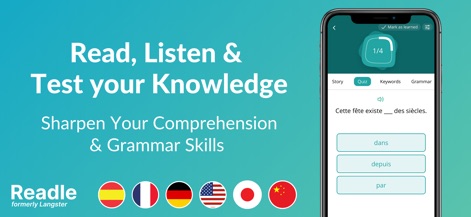 Readle: Learn Languages Daily - Users can sharpen their comprehension skills with integrated quizzes featuring fill-in-the-blank questions and track their progress through each lesson.