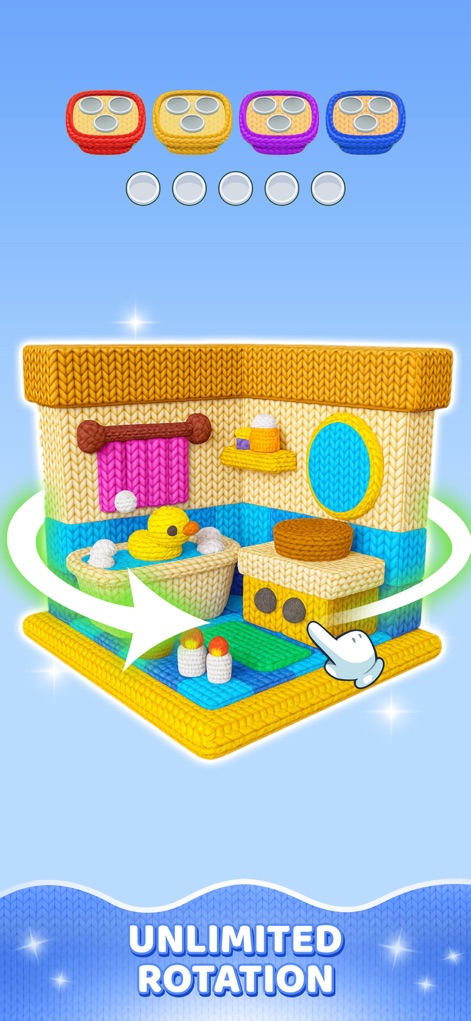 Yarn Sort 3D: Jam Puzzle - Explore the innovative 3D deconstruction dynamics with the circular rotation arrow, demonstrating how users can manipulate objects for optimal sorting in charming knitted environments like the bathroom setup.
