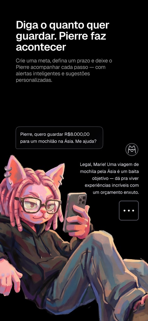 Pierre: Controle de gastos IA - A interface de chat ilustra como os usuários podem definir metas de economia específicas, como 'guardar R$8.000,00 para um mochilão', e receber 'orientações personalizadas' do aplicativo.