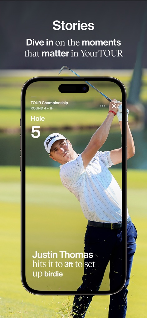 PGA TOUR - The app provides engaging vertical "Stories" that highlight key player moments, allowing users to quickly consume exciting tournament developments.