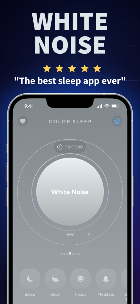 ColorSleep: Green, Brown Noise - Se observa la pantalla de Ruido Blanco, que incluye un temporizador de "08:00:00" y la opción de sonido ambiental "River", ideal para enmascarar ruidos y conciliar el sueño.