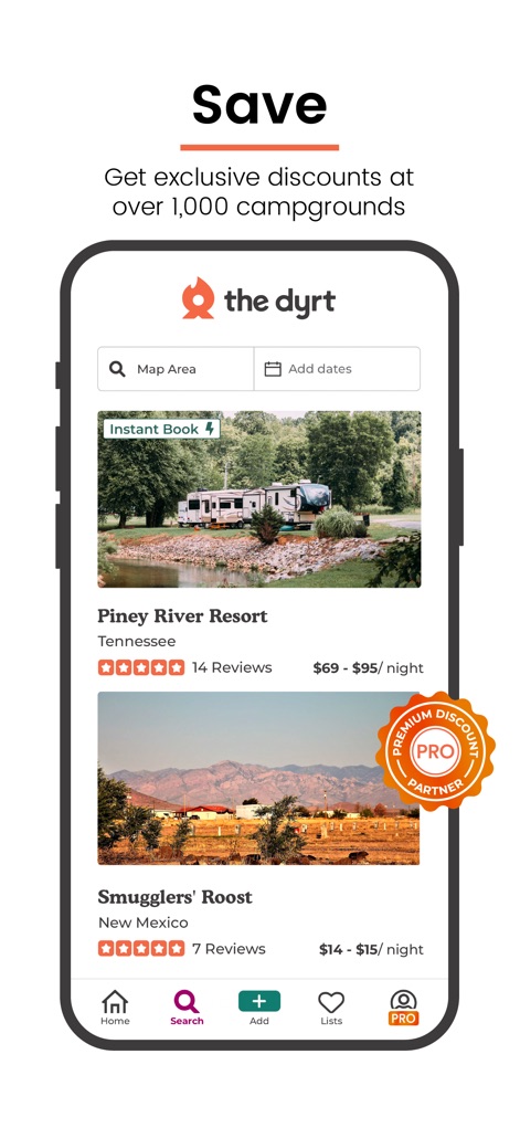The Dyrt: RV & Free Camping - Les membres PRO profitent de réductions exclusives allant jusqu'à 40% sur de nombreux campings et identifient facilement les "Premium Discount Partner" tels que "Smugglers' Roost", maximisant ainsi leurs économies.