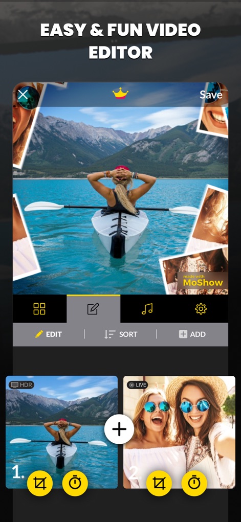 MoShow Slideshow Maker Video - This tool offers an intuitive editing interface, enabling users to easily modify their selections using the "EDIT" button and a clear photo preview area.