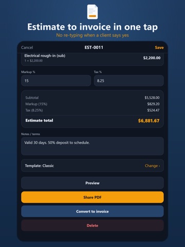 Contractor Invoice & Estimates iPad screenshot