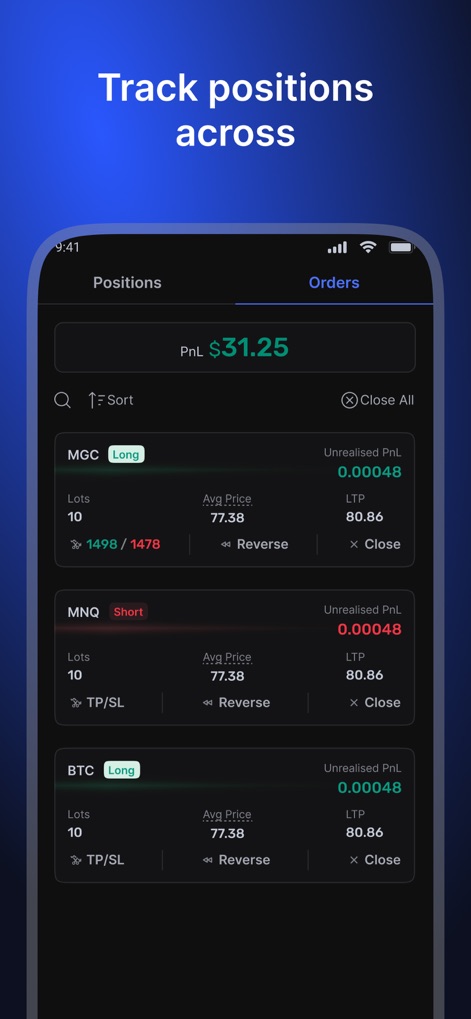 tradesea - Gli utenti possono monitorare facilmente le posizioni aperte, visualizzando il 'P&L' complessivo di $31.25 e gestendo il rischio con opzioni 'TP/SL' integrate per ogni trade.