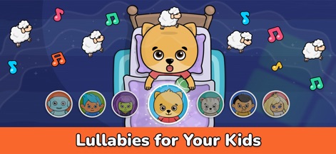 Baby Piano for Kids & Toddlers - Pour un sommeil paisible, l'application propose une sélection de berceuses douces accompagnées d'animations réconfortantes, avec des personnages adorables qui s'endorment pour rassurer les tout-petits.