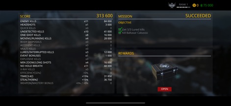 Hitman Sniper - Review detailed mission performance metrics, including 'Undetected Kills' and 'Stealth' percentage, and claim rewards from successful contracts.