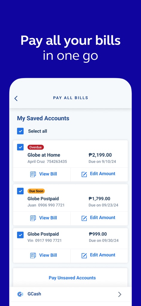 GlobeOne: Get More from Globe - Cette fonction permet de regrouper toutes les factures, affichant clairement le statut de chaque compte ("Overdue", "Due Soon") et offrant la possibilité de sélectionner plusieurs paiements en une seule transaction.