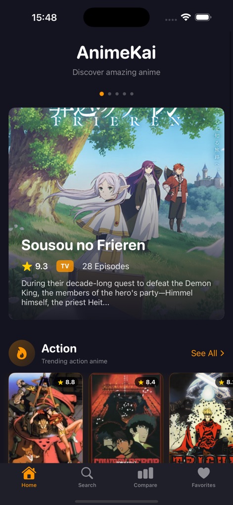 AnimeKai : Watch Anime - The app offers a dynamic homepage carousel for trending titles like 'Sousou no Frieren' and neatly organized genre categories such as 'Action'.