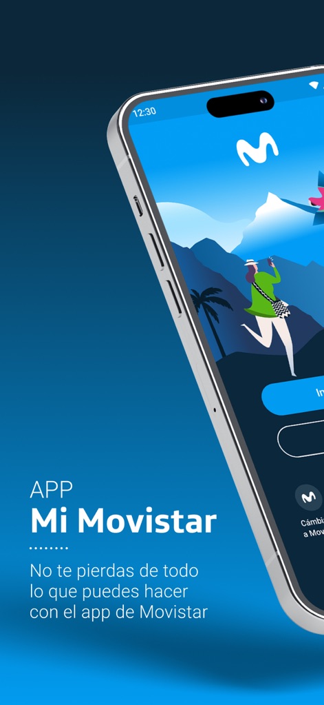 Mi Movistar Colombia - このアプリの導入画面は、ユーザーフレンドリーなデザインと「Mi Movistar」のロゴでブランドを際立たせており、鮮やかなイラストがアプリの魅力を引き立てます。