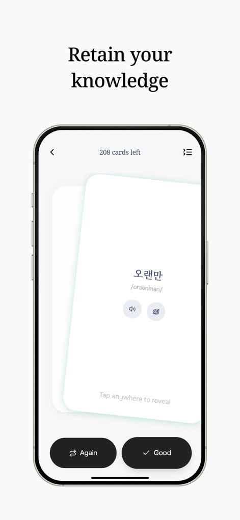 Tenmin - Language Learning - The tool facilitates knowledge retention through interactive flashcards displaying words like '오랜만' with audio/image options, supported by 'Again' and 'Good' buttons for spaced repetition.