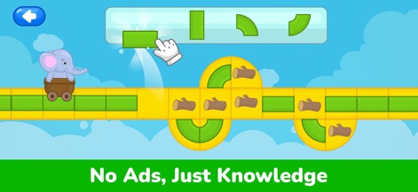 Kids Learning Games: Toddlers - Los usuarios pueden guiar a un elefante en un carro por una vía, arrastrando un bloque rectangular verde para completar el camino, asegurando una experiencia 'sin anuncios, solo conocimiento'.